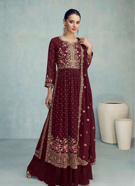 Wine Georgette Nayra Cut Salwar kameez With Dupatta