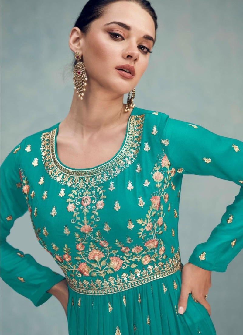 Sea Green Georgette Nayra Cut Salwar kameez With Dupatta-2