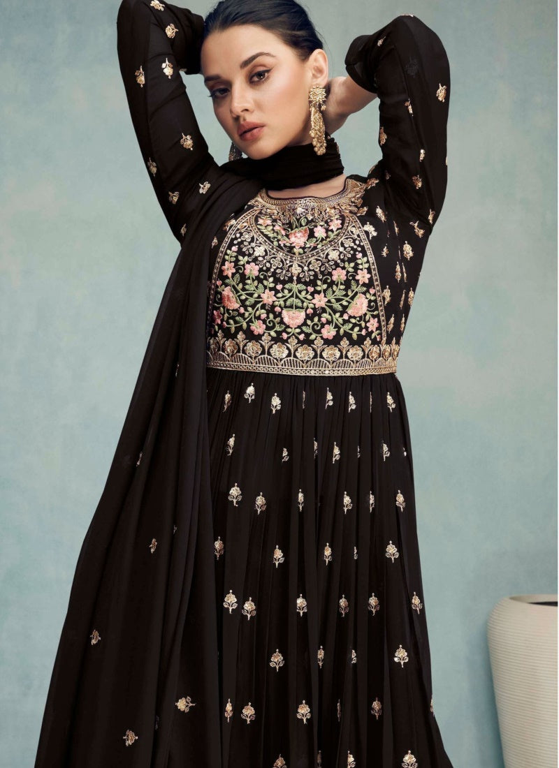 Black Georgette Nayra Cut Salwar kameez With Dupatta-2