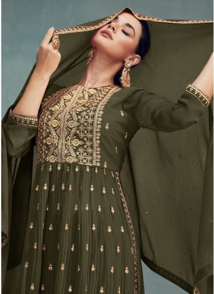 Olive Green Georgette Nayra Cut Salwar kameez With Dupatta-2