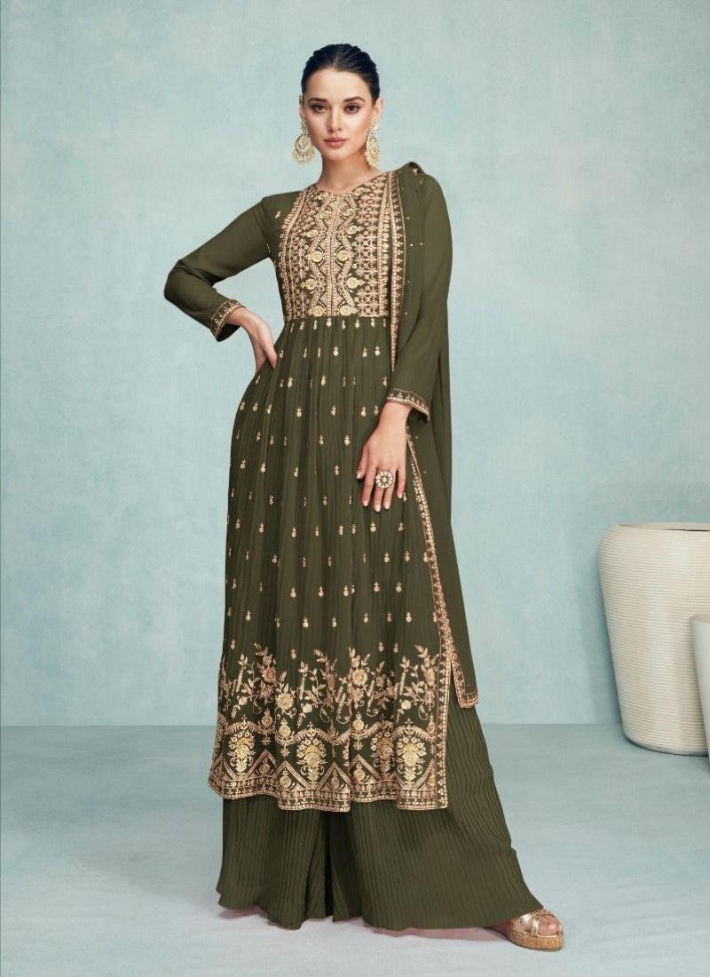 Olive Green Georgette Nayra Cut Salwar kameez With Dupatta