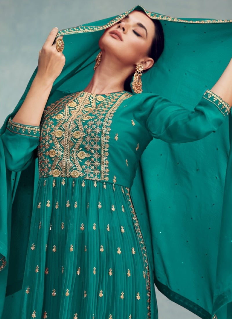 Sea Green Georgette Nayra Cut Salwar kameez With Dupatta-2