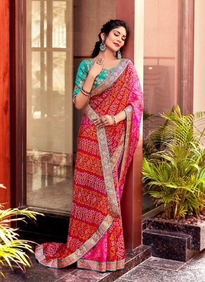 Red and Pink Designer Bandhani Saree