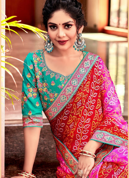 Red and Pink Designer Bandhani Saree-2