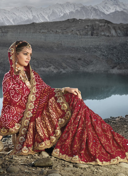 Red Kacchi Bandhani Saree-2