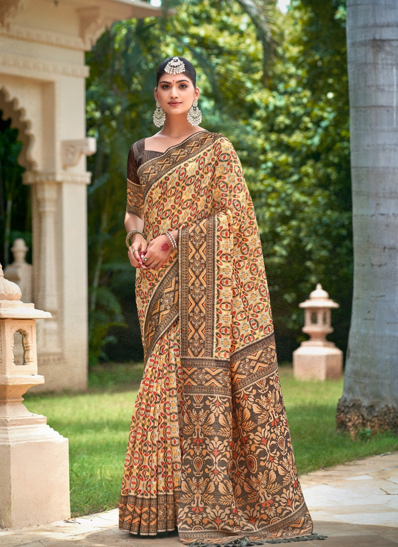 Brown Organza Silk Patola Saree