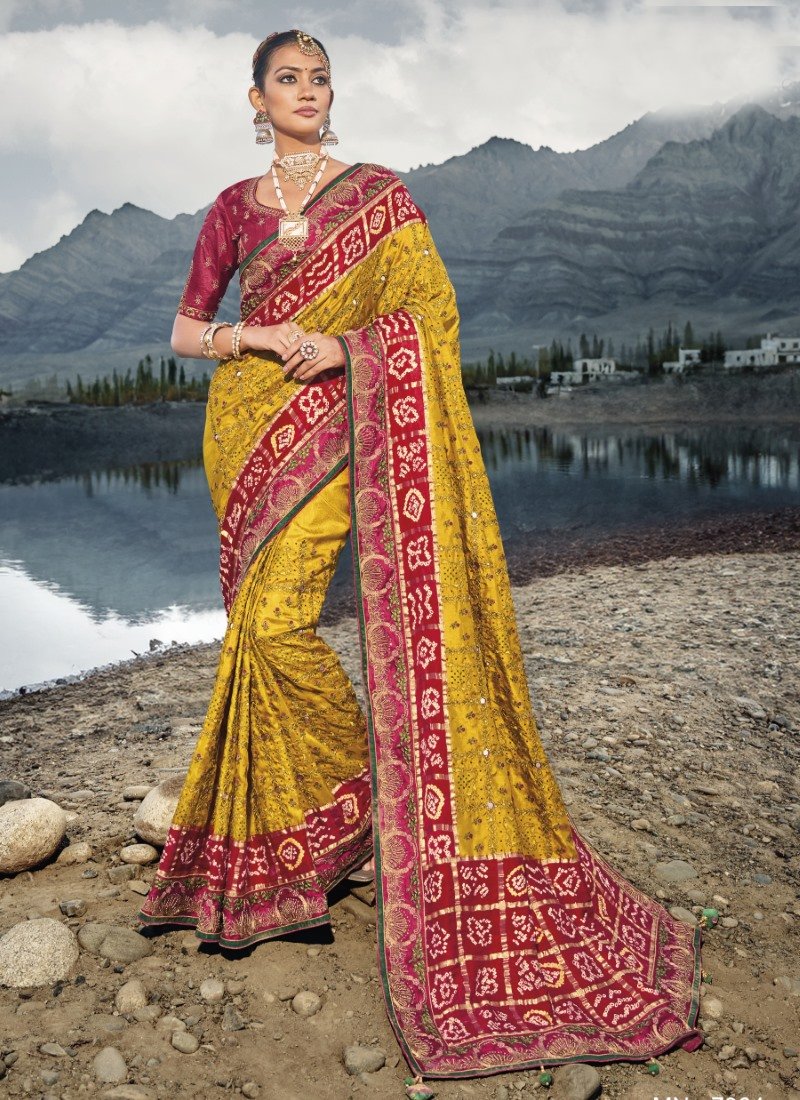 Mustard Yellow Kacchi Bandhani Saree