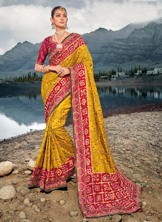 Mustard Yellow Kacchi Bandhani Saree