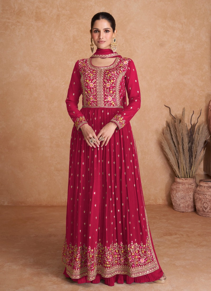 Red Georgette Embroidered Anarkali Suit