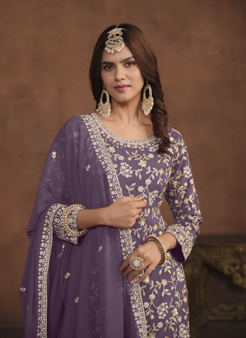 Purple Georgette Pakistani Style Palazzo Suit With Embroidery Work-2