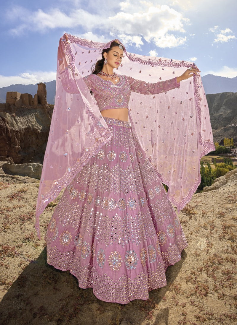 Pink Organza Party Wear Lehenga Choli with Mirror and Sequins Work-2