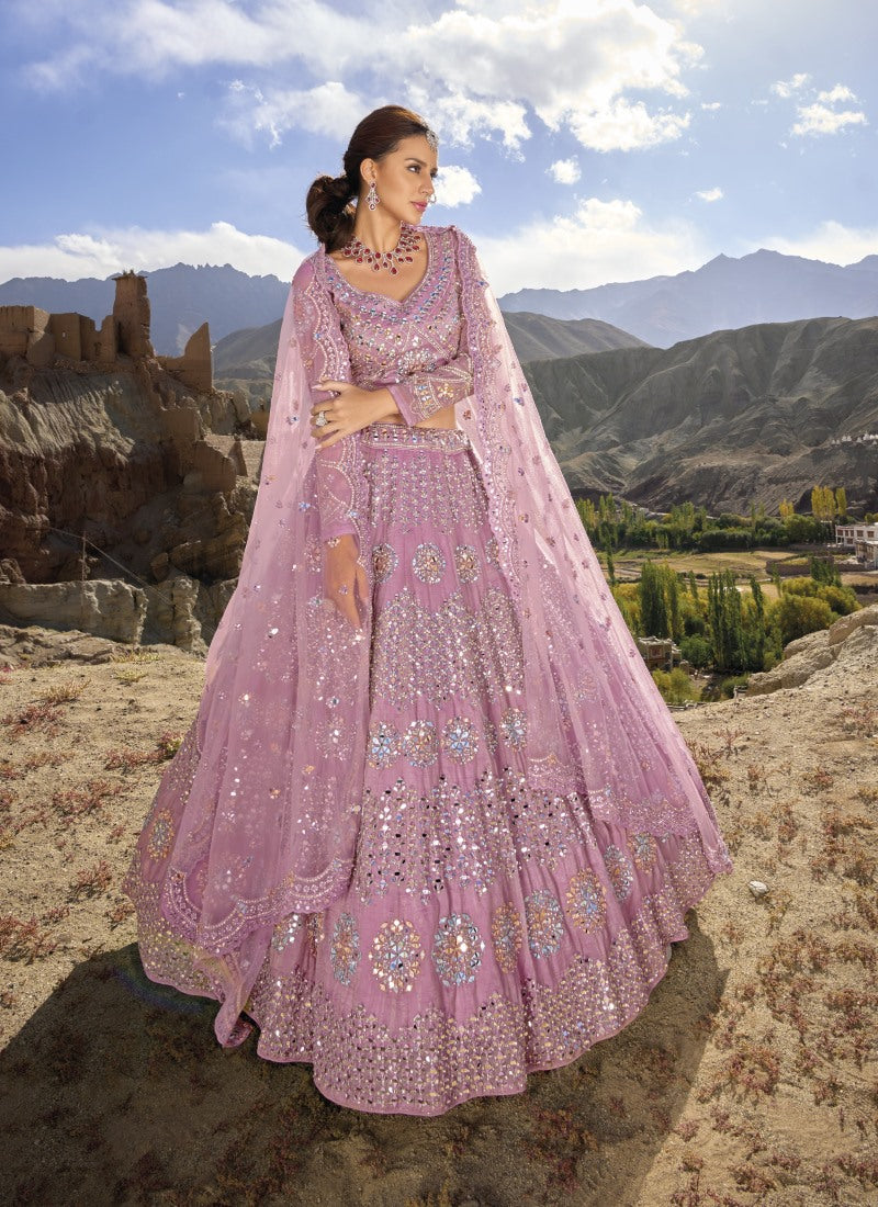 Pink Organza Party Wear Lehenga Choli with Mirror and Sequins Work