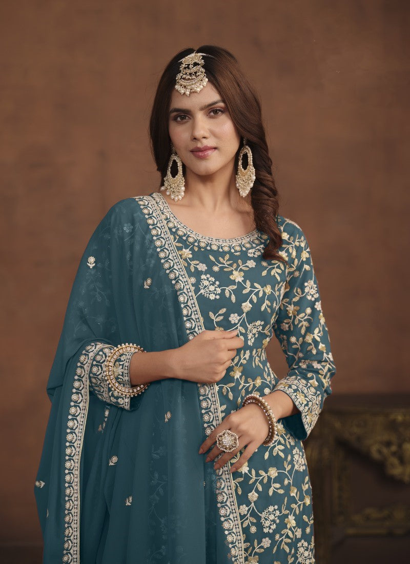 Teal Blue Georgette Pakistani Style Palazzo Suit With Embroidery Work-2