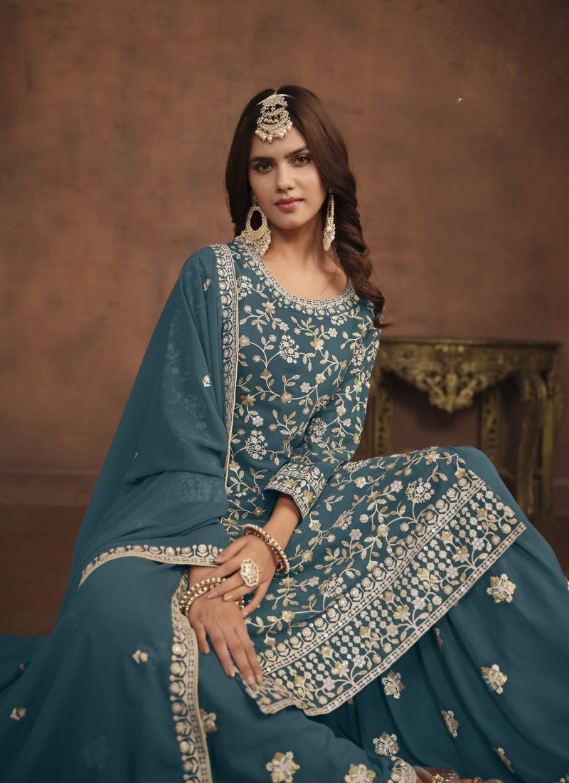 Teal Blue Georgette Pakistani Style Palazzo Suit With Embroidery Work-2