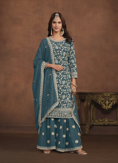 Teal Blue Georgette Pakistani Style Palazzo Suit With Embroidery Work