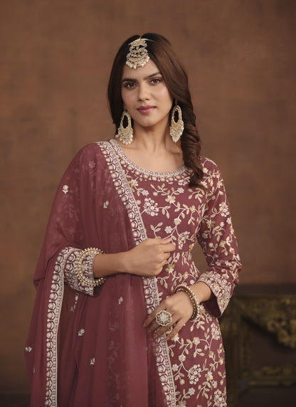 Brown Georgette Pakistani Style Palazzo Suit With Embroidery Work-2