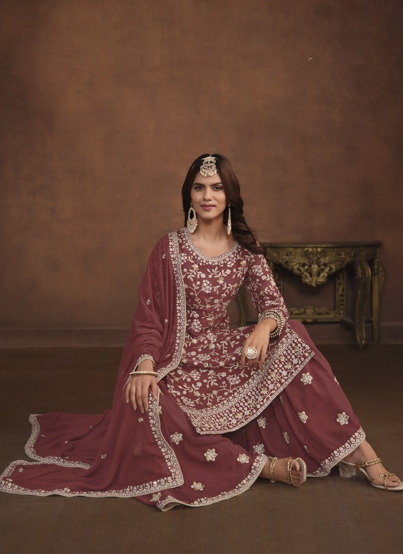 Brown Georgette Pakistani Style Palazzo Suit With Embroidery Work-2