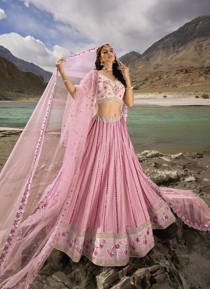 Pink Georgette Party Wear Lehenga Choli with Mirror and Sequins Work-2