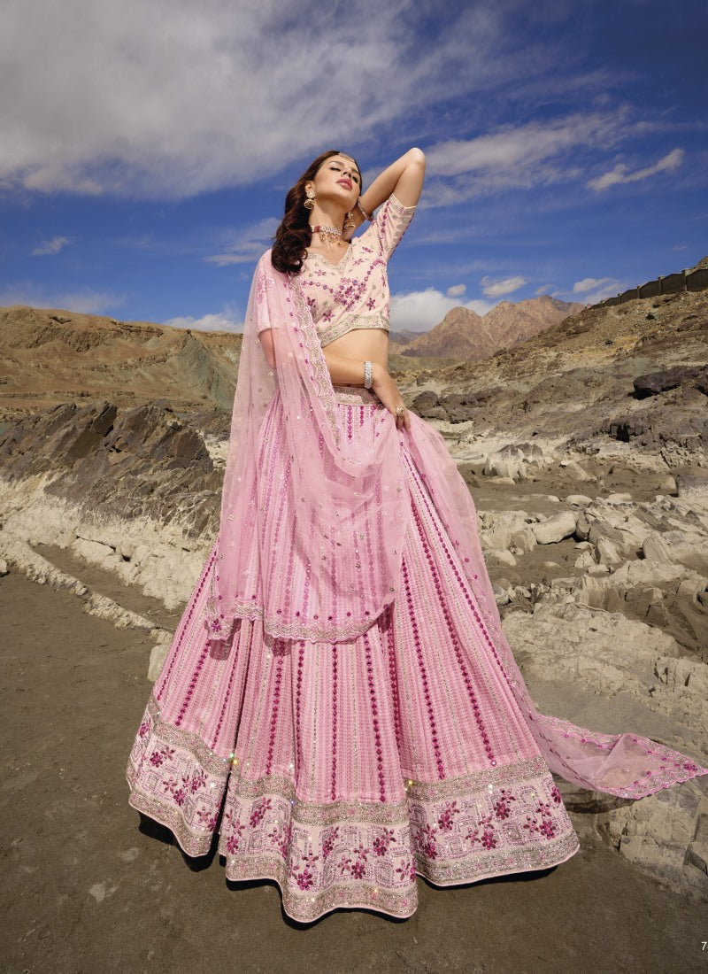 Pink Georgette Party Wear Lehenga Choli with Mirror and Sequins Work