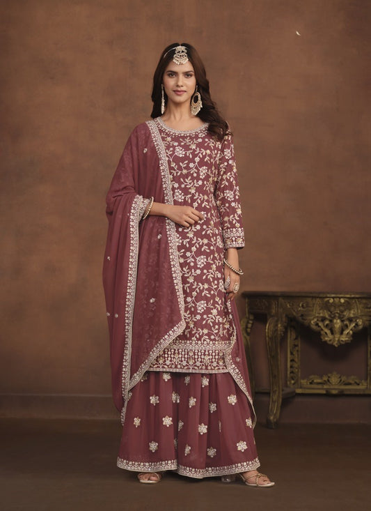 Brown Georgette Pakistani Style Palazzo Suit With Embroidery Work