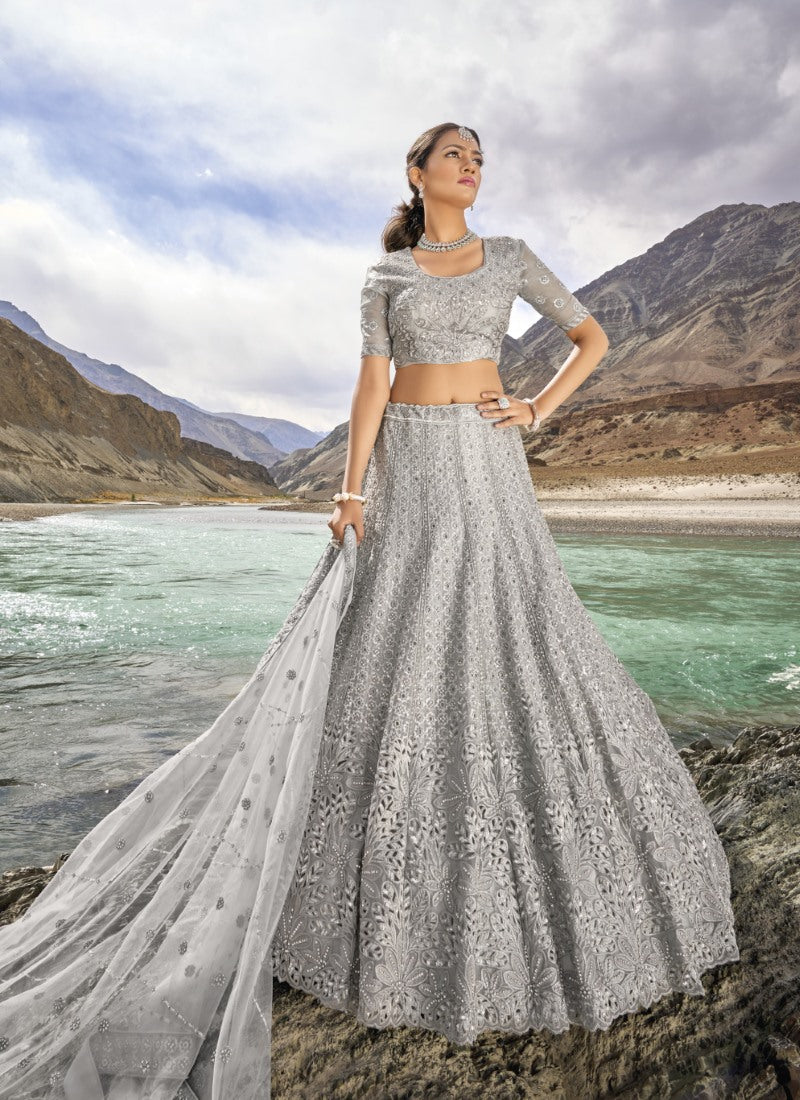 Gray Organza Party Wear Lehenga Choli with Mirror and Sequins Work