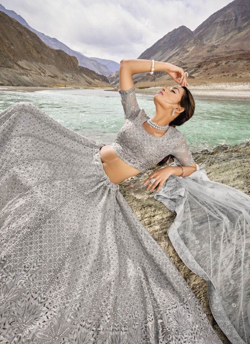 Gray Organza Party Wear Lehenga Choli with Mirror and Sequins Work-2