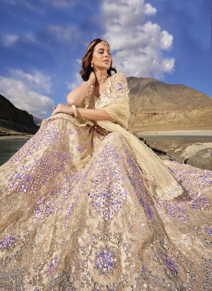 Beige Net Party Wear Lehenga Choli with Mirror and Sequins Work-2