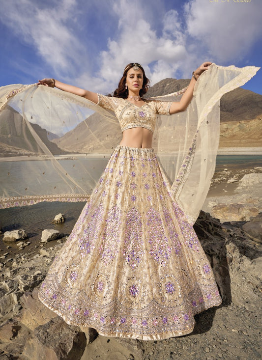 Beige Net Party Wear Lehenga Choli with Mirror and Sequins Work