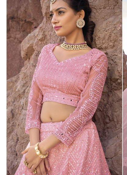 Pink Net Party Wear Lehenga Choli with Mirror and Sequins Work-2