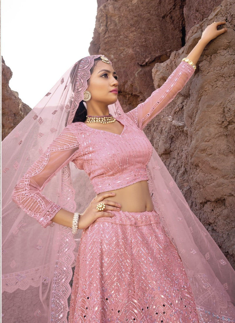 Pink Net Party Wear Lehenga Choli with Mirror and Sequins Work-2