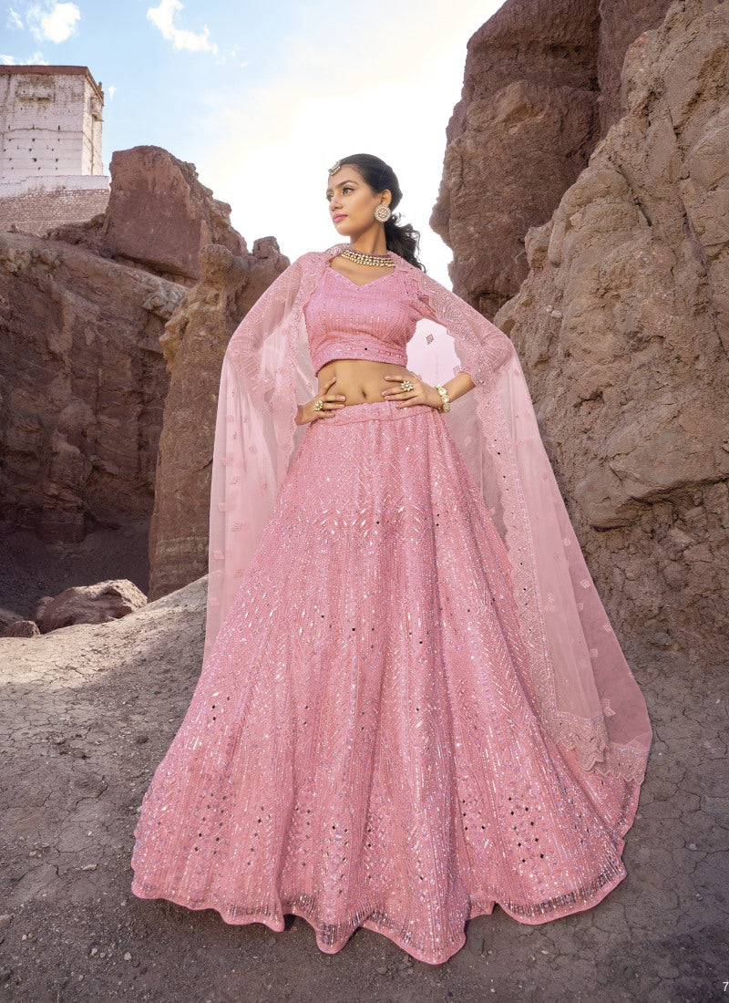 Pink Net Party Wear Lehenga Choli with Mirror and Sequins Work