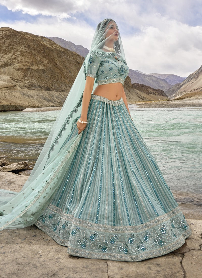 Aqua Blue Georgette Party Wear Lehenga Choli with Mirror and Sequins Work-2