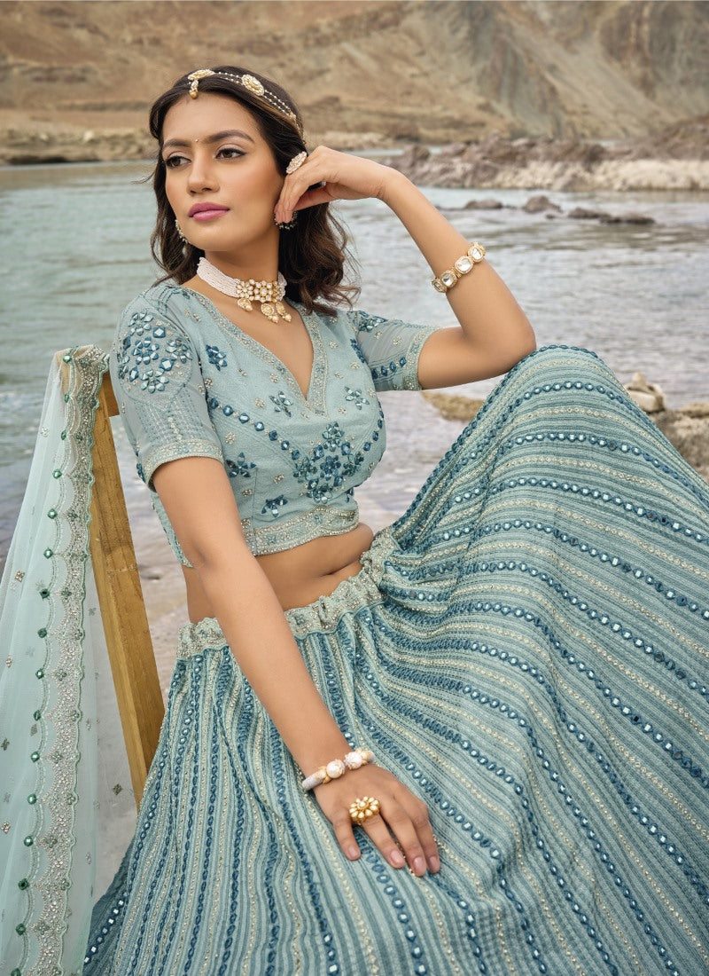 Aqua Blue Georgette Party Wear Lehenga Choli with Mirror and Sequins Work-2