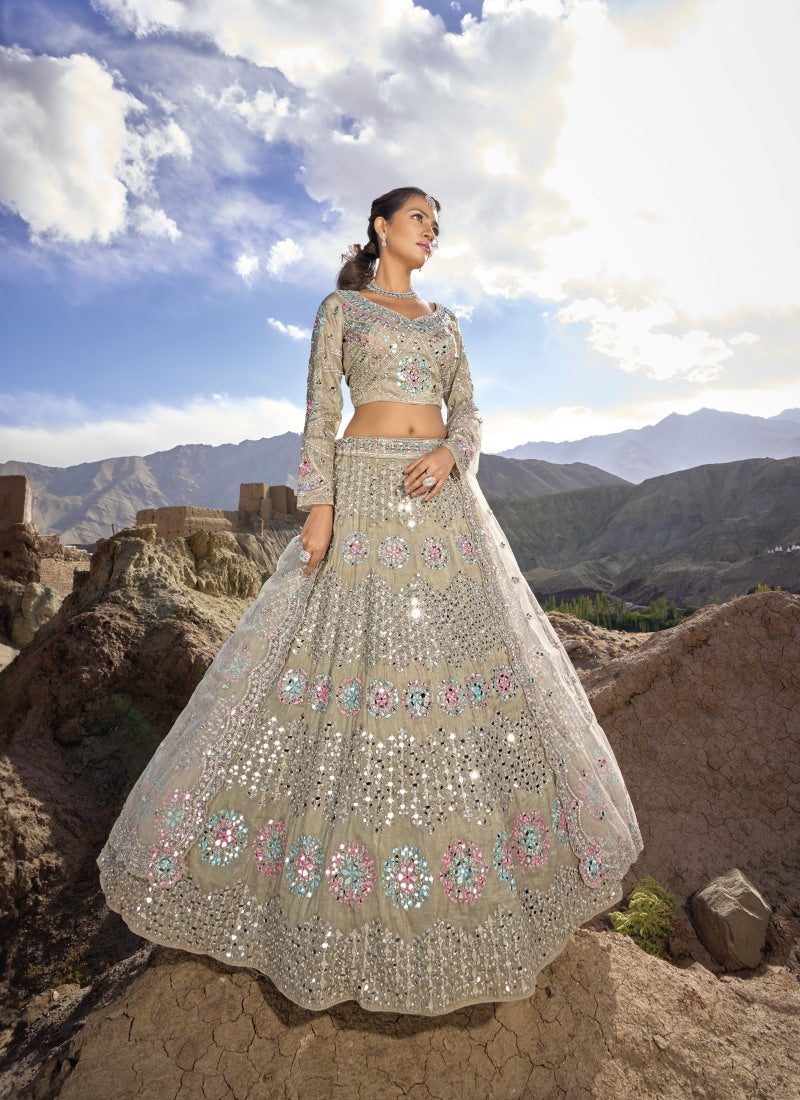 Beige Organza Party Wear Lehenga Choli with Mirror and Sequins Work