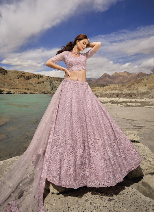 Pink Organza Party Wear Lehenga Choli with Mirror and Sequins Work