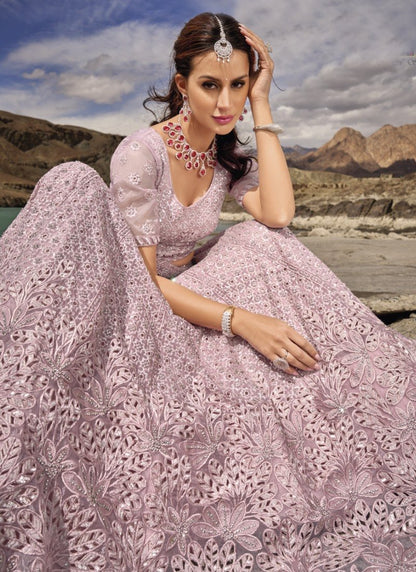 Pink Organza Party Wear Lehenga Choli with Mirror and Sequins Work-2