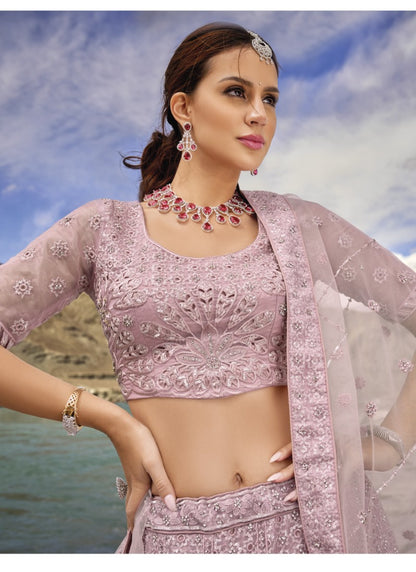 Pink Organza Party Wear Lehenga Choli with Mirror and Sequins Work-2