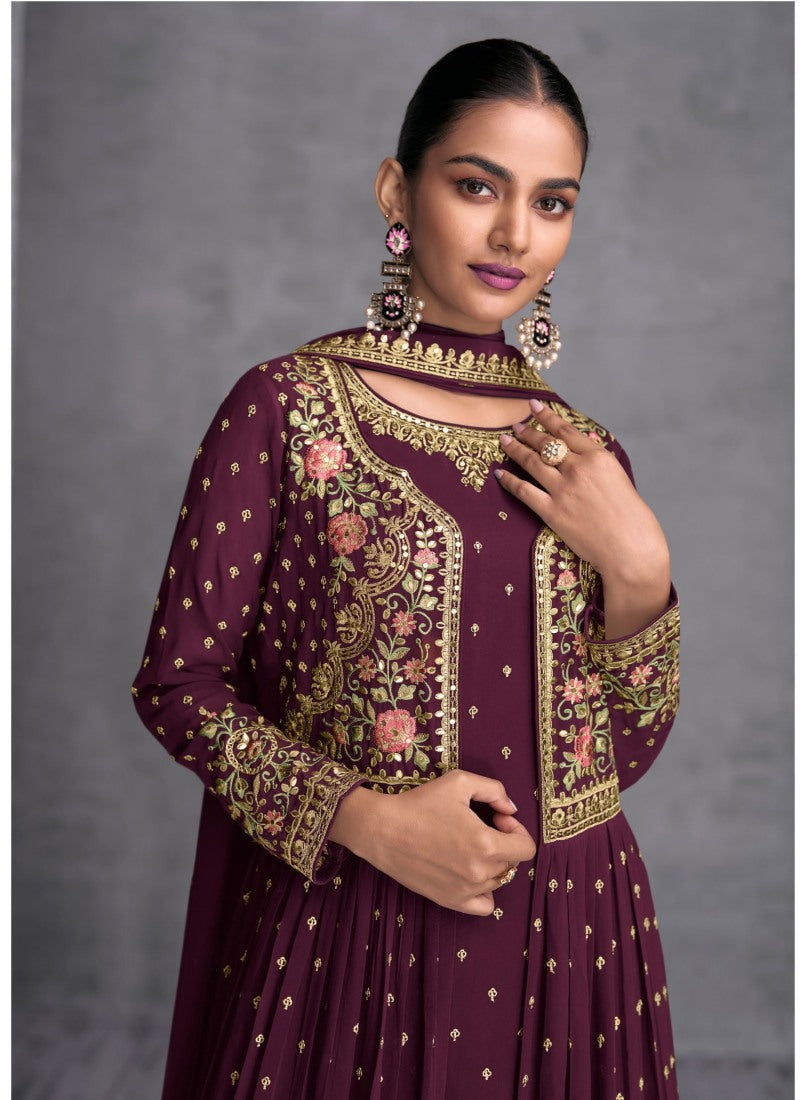 Wine Georgette Embroiderd Palazzo Suit With Jacket-2