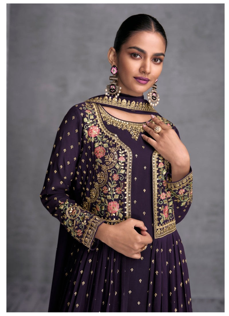 Purple Georgette Embroiderd Palazzo Suit With Jacket-2