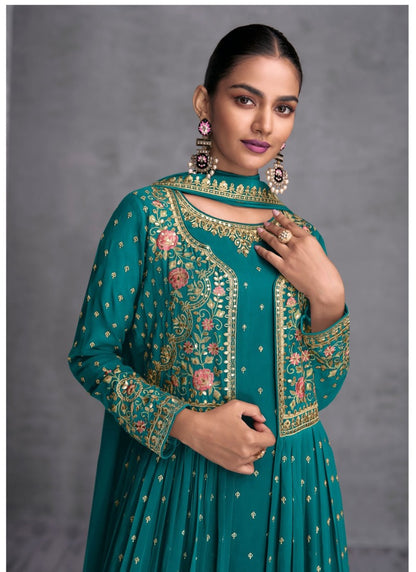 Blue Georgette Embroiderd Palazzo Suit With Jacket-2