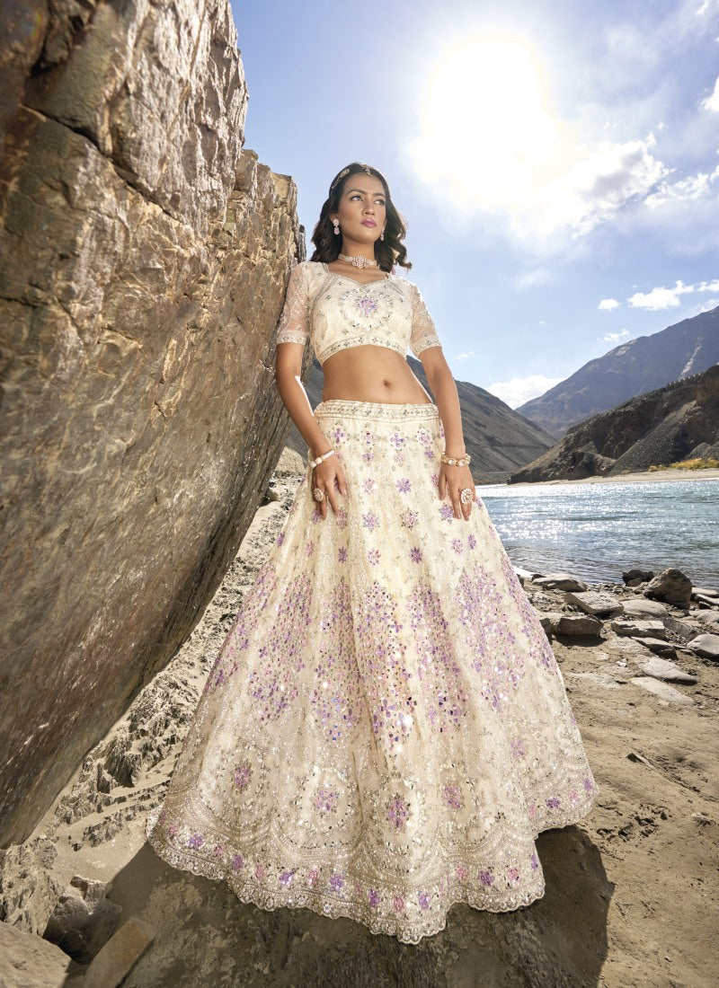 Off White Net Party Wear Lehenga Choli with Mirror and Sequins Work-2