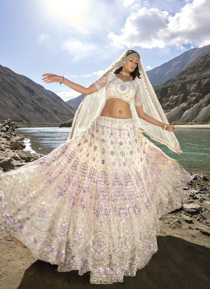 Off White Net Party Wear Lehenga Choli with Mirror and Sequins Work-2