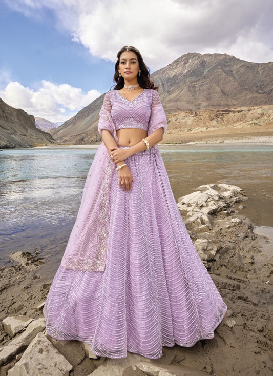 Lavender Net Party Wear Lehenga Choli with Mirror and Sequins Work