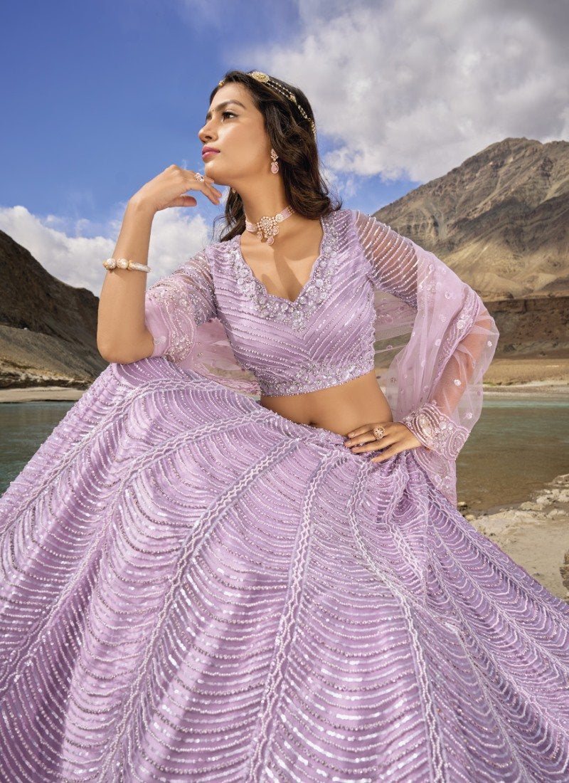 Lavender Net Party Wear Lehenga Choli with Mirror and Sequins Work-2