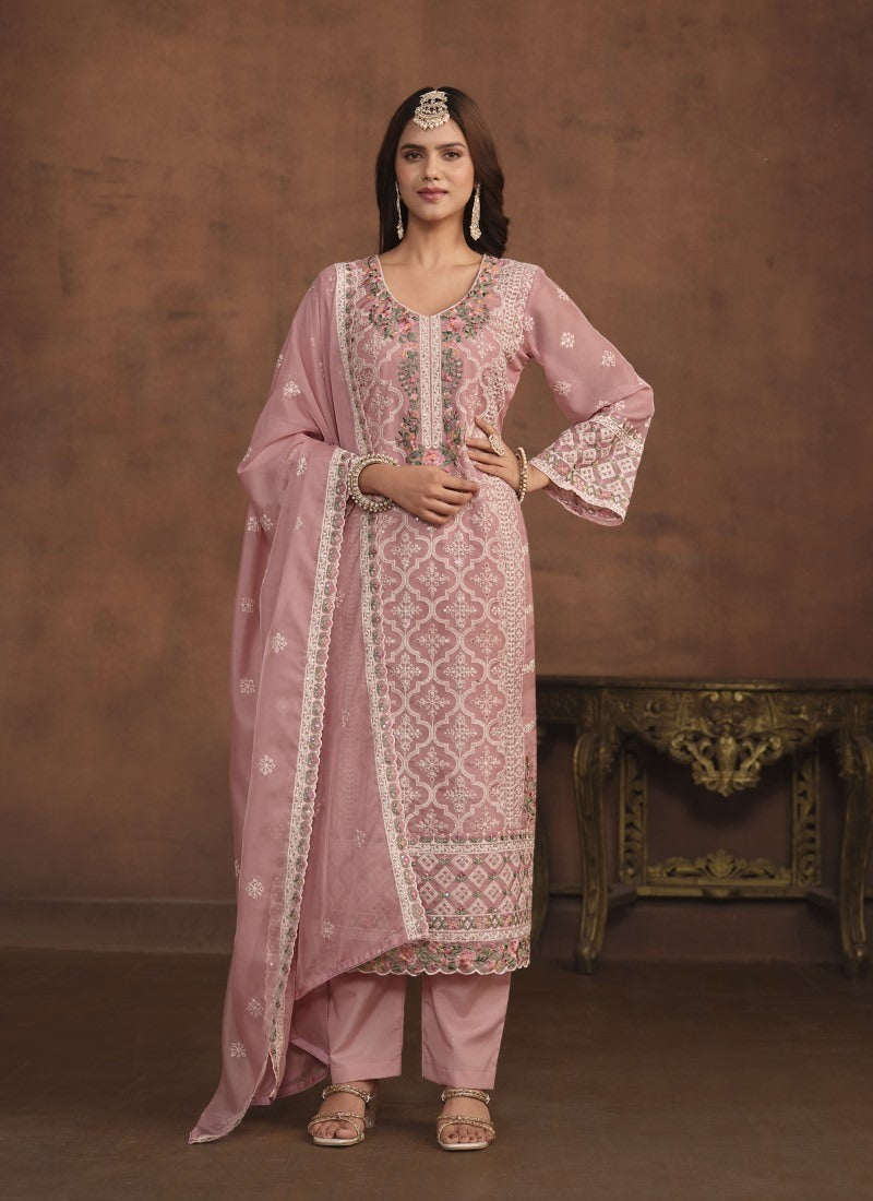 Peach Organza Long Pant Style Salwar Suit