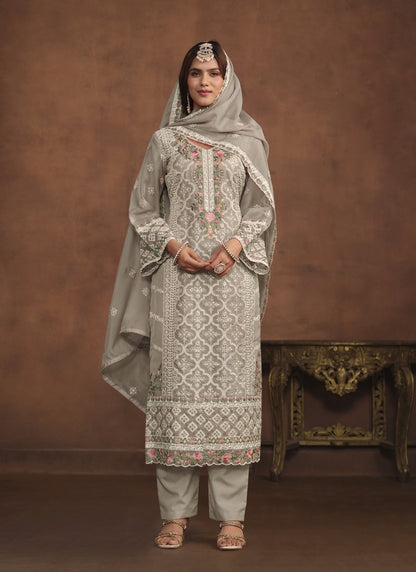 Gray Organza Long Pant Style Salwar Suit