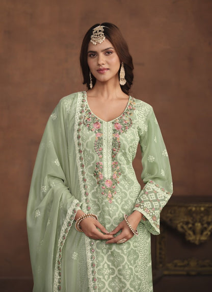 Pista Green Organza Long Pant Style Salwar Suit-2