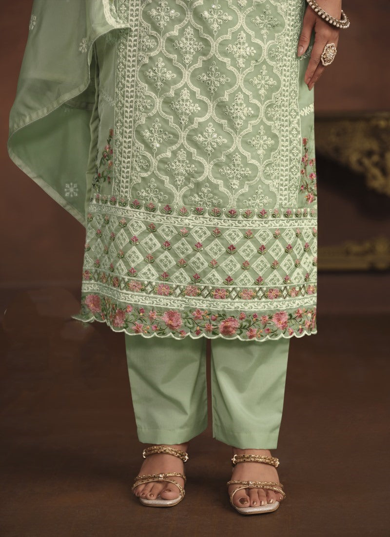 Pista Green Organza Long Pant Style Salwar Suit-2