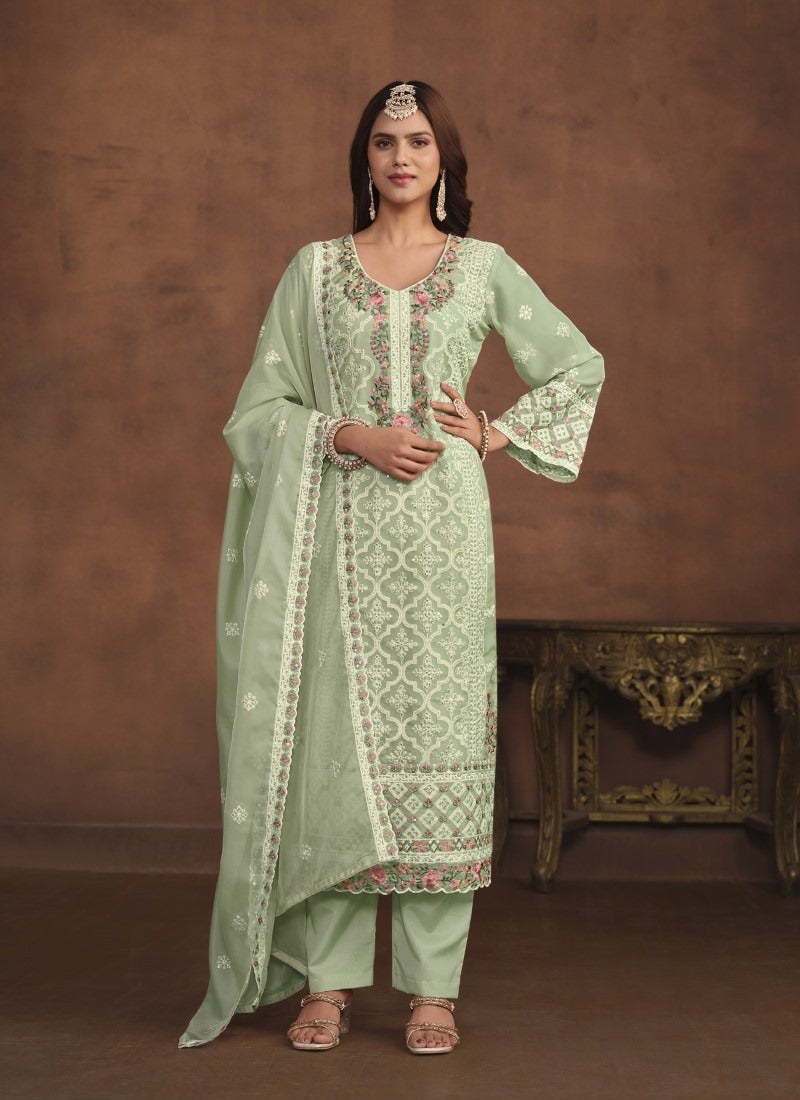 Pista Green Organza Long Pant Style Salwar Suit