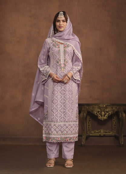 Lavender Organza Long Pant Style Salwar Suit